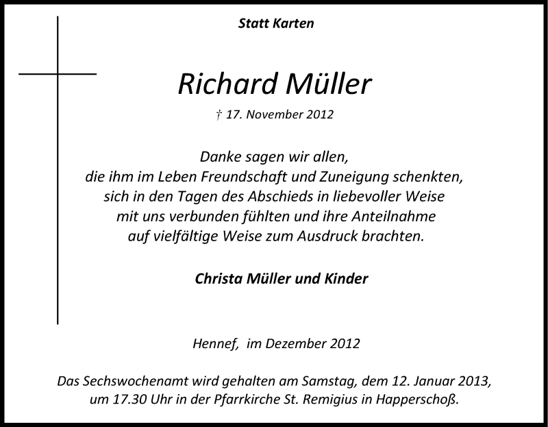  Traueranzeige für Richard Müller vom 29.12.2012 aus Kölner Stadt-Anzeiger / Kölnische Rundschau / Express