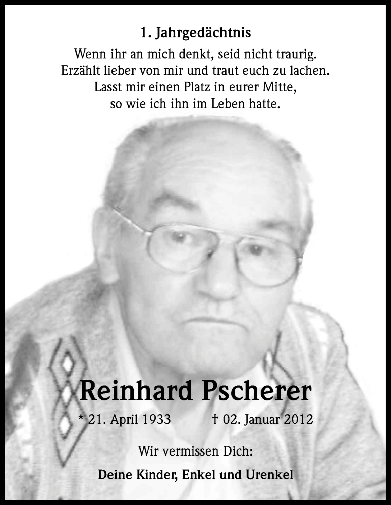  Traueranzeige für Reinhard Pscherer vom 02.01.2013 aus Kölner Stadt-Anzeiger / Kölnische Rundschau / Express