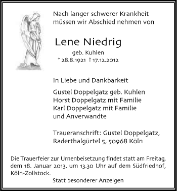 Anzeige von Lene Niedrig von Kölner Stadt-Anzeiger / Kölnische Rundschau / Express