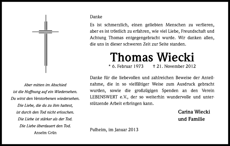  Traueranzeige für Thomas Wiecki vom 05.01.2013 aus Kölner Stadt-Anzeiger / Kölnische Rundschau / Express