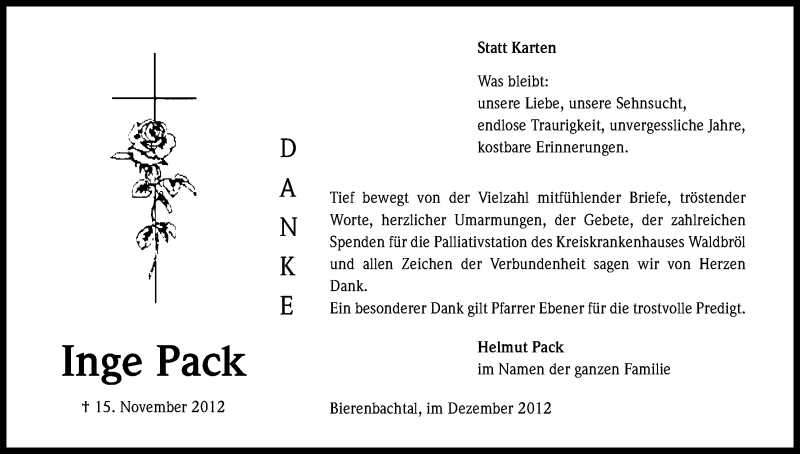  Traueranzeige für Inge Pack vom 22.12.2012 aus Kölner Stadt-Anzeiger / Kölnische Rundschau / Express