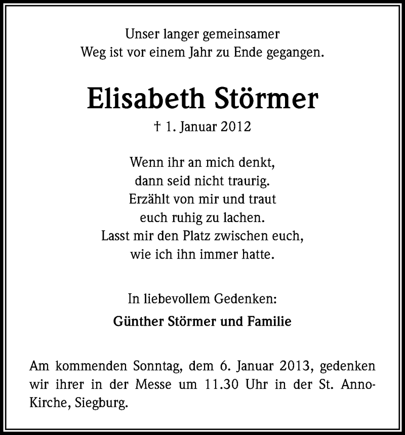  Traueranzeige für Elisabeth Störmer vom 31.12.2012 aus Kölner Stadt-Anzeiger / Kölnische Rundschau / Express