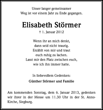 Anzeige von Elisabeth Störmer von Kölner Stadt-Anzeiger / Kölnische Rundschau / Express