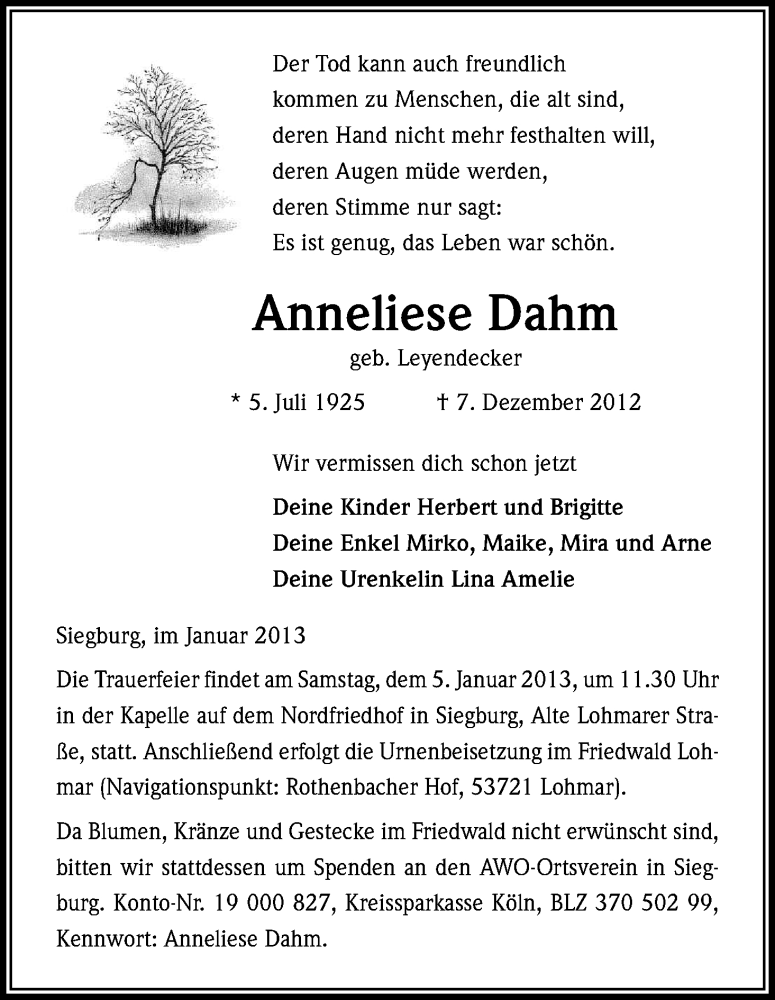  Traueranzeige für Anneliese Dahm vom 02.01.2013 aus Kölner Stadt-Anzeiger / Kölnische Rundschau / Express