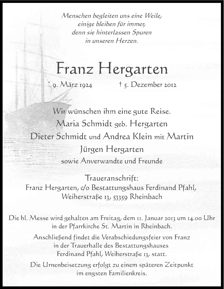  Traueranzeige für Franz Hergarten vom 05.01.2013 aus Kölner Stadt-Anzeiger / Kölnische Rundschau / Express