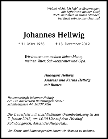 Anzeige von Johannes Hellwig von Kölner Stadt-Anzeiger / Kölnische Rundschau / Express