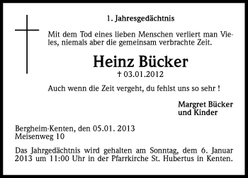 Anzeige von Heinz Bücker von Kölner Stadt-Anzeiger / Kölnische Rundschau / Express