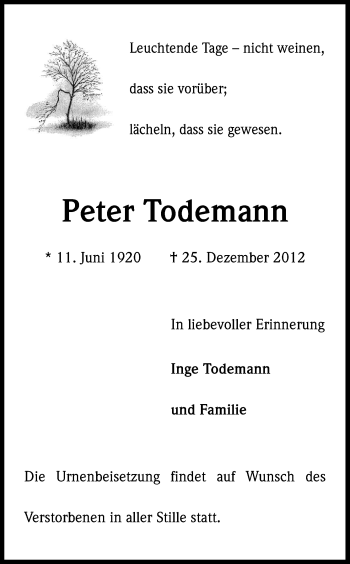 Anzeige von Peter Todemann von Kölner Stadt-Anzeiger / Kölnische Rundschau / Express