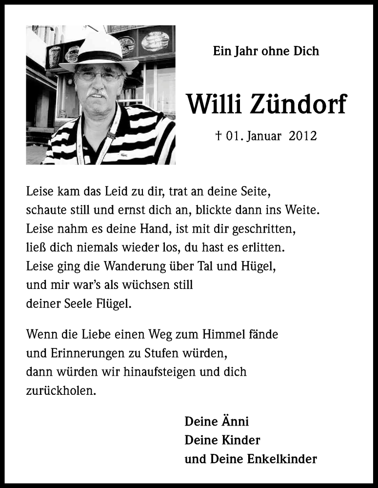  Traueranzeige für Willi Zündorf vom 31.12.2012 aus Kölner Stadt-Anzeiger / Kölnische Rundschau / Express