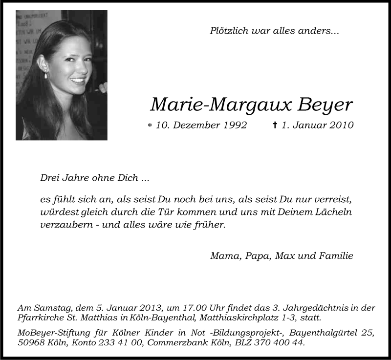  Traueranzeige für Marie-Margaux Beyer vom 02.01.2013 aus Kölner Stadt-Anzeiger / Kölnische Rundschau / Express