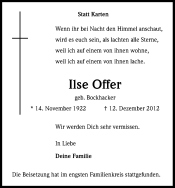 Anzeige von Ilse Offer von Kölner Stadt-Anzeiger / Kölnische Rundschau / Express
