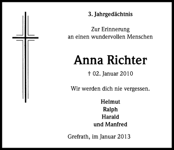 Anzeige von Anne Richter von Kölner Stadt-Anzeiger / Kölnische Rundschau / Express