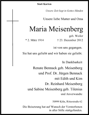 Anzeige von Maria Meisenberg von Kölner Stadt-Anzeiger / Kölnische Rundschau / Express