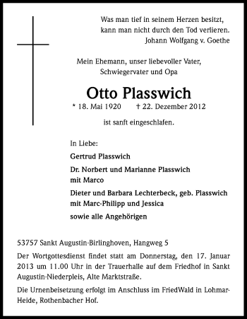 Anzeige von Otto Plasswich von Kölner Stadt-Anzeiger / Kölnische Rundschau / Express