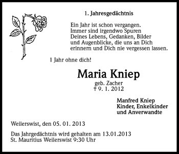 Anzeige von Maria Kniep von Kölner Stadt-Anzeiger / Kölnische Rundschau / Express