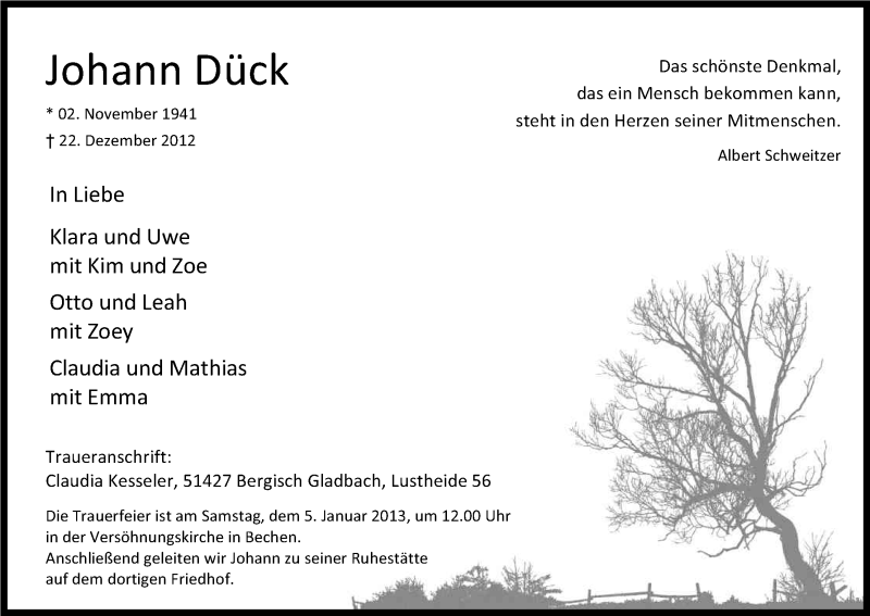  Traueranzeige für Johann Dück vom 02.01.2013 aus Kölner Stadt-Anzeiger / Kölnische Rundschau / Express