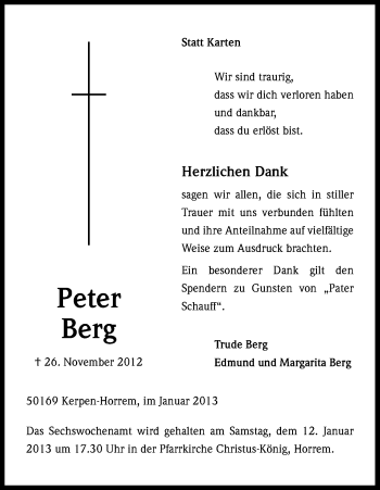 Anzeige von Peter Berg von Kölner Stadt-Anzeiger / Kölnische Rundschau / Express
