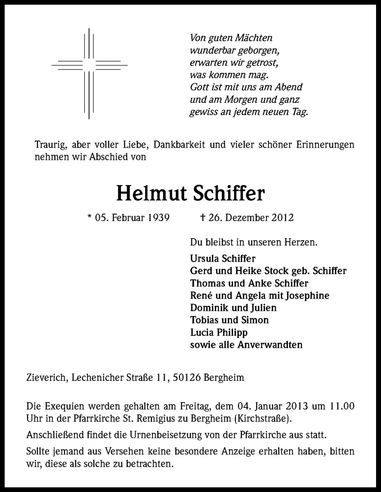 Traueranzeige für Helmut Schiffer vom 29.12.2012 aus Kölner Stadt-Anzeiger / Kölnische Rundschau / Express