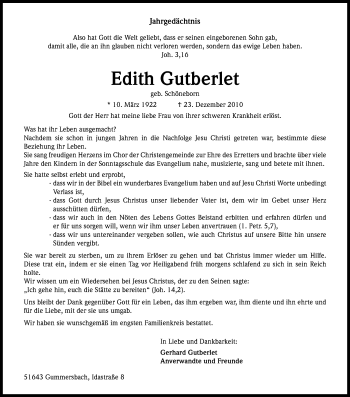 Anzeige von Edith Gutberlet von Kölner Stadt-Anzeiger / Kölnische Rundschau / Express