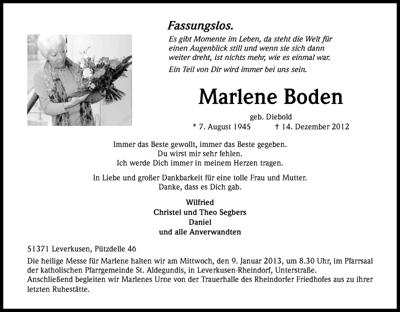  Traueranzeige für Marlene Boden vom 02.01.2013 aus Kölner Stadt-Anzeiger / Kölnische Rundschau / Express