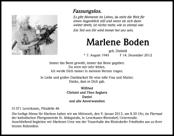 Anzeige von Marlene Boden von Kölner Stadt-Anzeiger / Kölnische Rundschau / Express