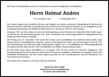 Anzeige von Helmut Andres von Kölner Stadt-Anzeiger / Kölnische Rundschau / Express