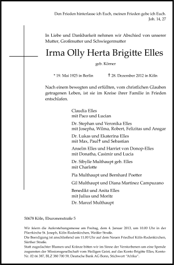 Anzeige von Irma Olly Herta Brigitte Elles von Kölner Stadt-Anzeiger / Kölnische Rundschau / Express