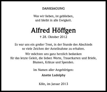 Anzeige von Alfred Höffgen von Kölner Stadt-Anzeiger / Kölnische Rundschau / Express