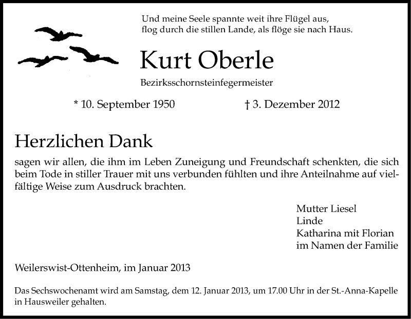  Traueranzeige für Kurt Oberle vom 05.01.2013 aus Kölner Stadt-Anzeiger / Kölnische Rundschau / Express