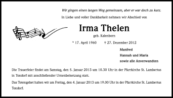 Anzeige von Irma Thelen von Kölner Stadt-Anzeiger / Kölnische Rundschau / Express