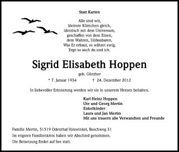 Anzeige von Sigrid Elisabeth Hoppen von Kölner Stadt-Anzeiger / Kölnische Rundschau / Express