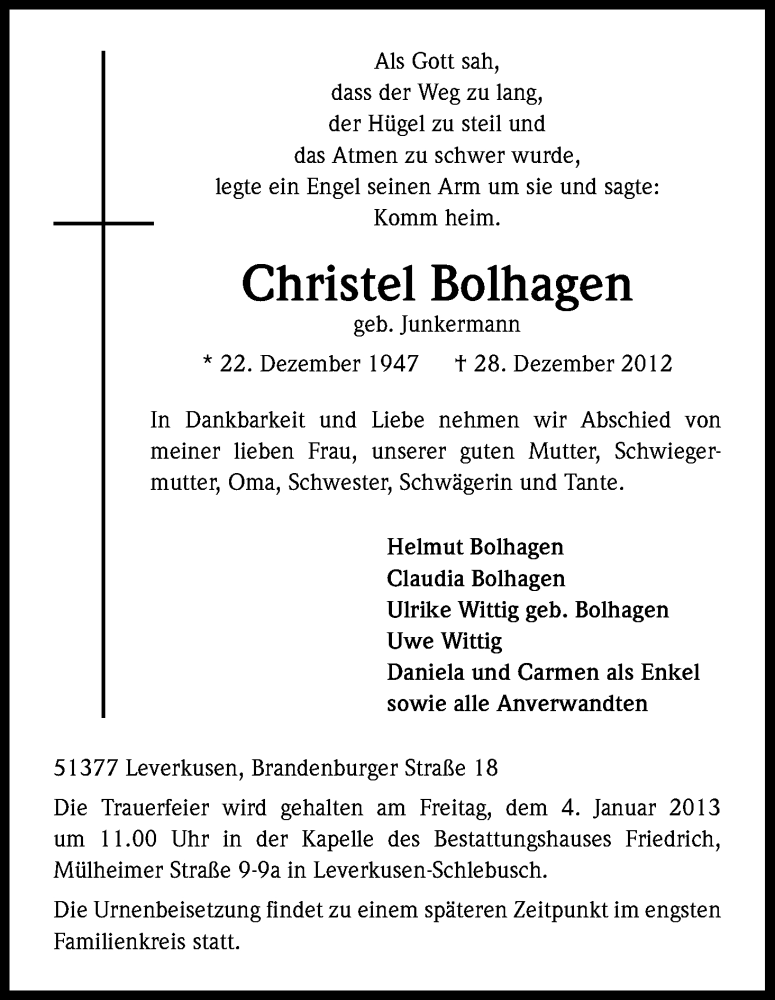  Traueranzeige für Christel Bolhagen vom 31.12.2012 aus Kölner Stadt-Anzeiger / Kölnische Rundschau / Express