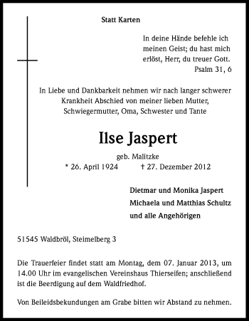 Anzeige von Ilse Jaspert von Kölner Stadt-Anzeiger / Kölnische Rundschau / Express