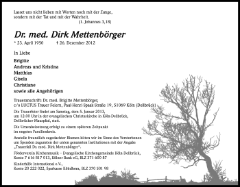 Anzeige von Dirk Mettenbörger von Kölner Stadt-Anzeiger / Kölnische Rundschau / Express