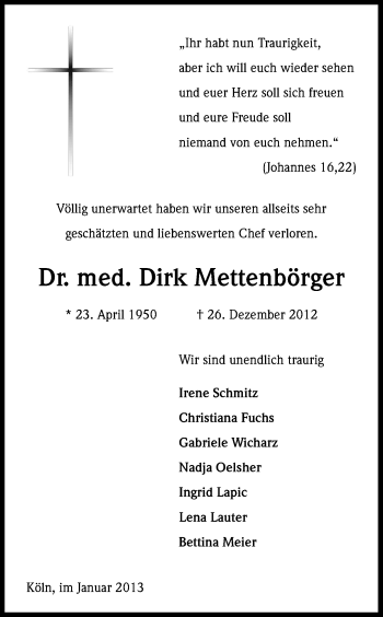 Anzeige von Dirk Mettenbörger von Kölner Stadt-Anzeiger / Kölnische Rundschau / Express
