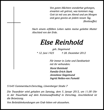 Anzeige von Else Reinhold von Kölner Stadt-Anzeiger / Kölnische Rundschau / Express