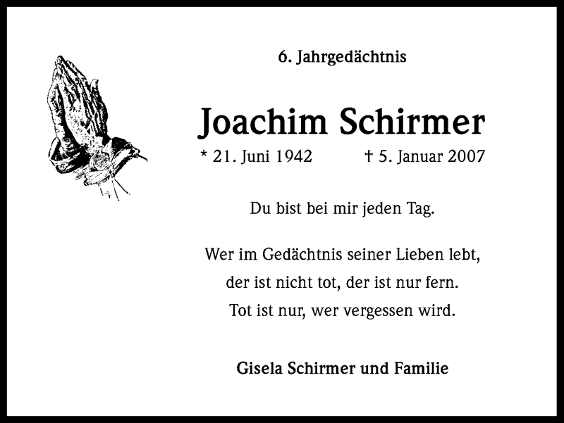  Traueranzeige für Joachim Schirmer vom 05.01.2013 aus Kölner Stadt-Anzeiger / Kölnische Rundschau / Express