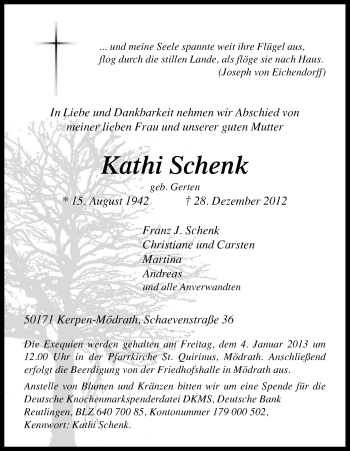 Anzeige von Kathi Schenk von Kölner Stadt-Anzeiger / Kölnische Rundschau / Express