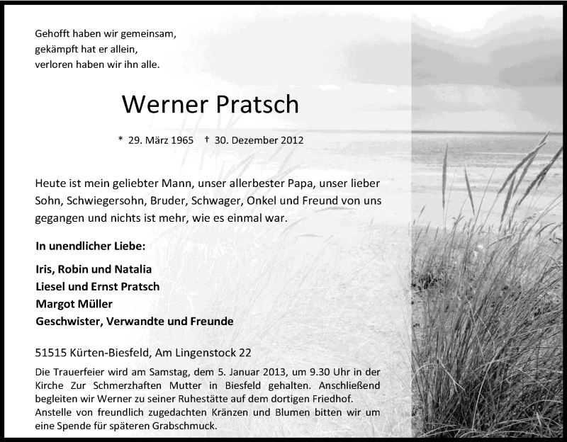  Traueranzeige für Werner Pratsch vom 02.01.2013 aus Kölner Stadt-Anzeiger / Kölnische Rundschau / Express