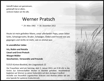 Anzeige von Werner Pratsch von Kölner Stadt-Anzeiger / Kölnische Rundschau / Express
