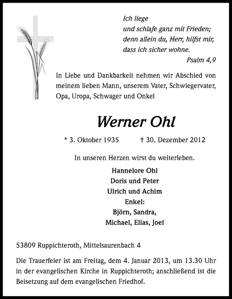  Traueranzeige für Werner Ohl vom 02.01.2013 aus Kölner Stadt-Anzeiger / Kölnische Rundschau / Express