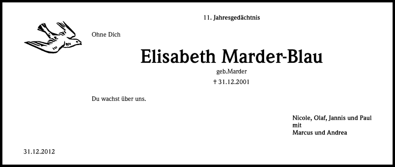 Traueranzeige für Elisabeth Marder-Blau vom 02.01.2013 aus Kölner Stadt-Anzeiger / Kölnische Rundschau / Express