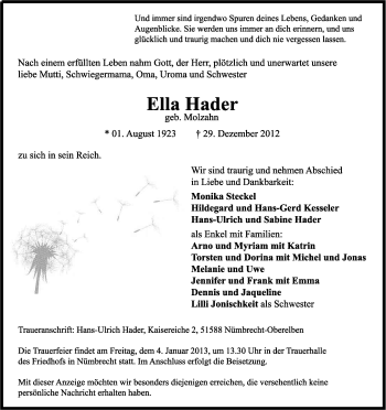 Anzeige von Ella Hader von Kölner Stadt-Anzeiger / Kölnische Rundschau / Express