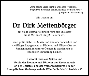 Anzeige von Dirk Mettenbörger von Kölner Stadt-Anzeiger / Kölnische Rundschau / Express