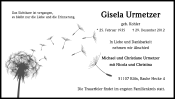 Anzeige von Gisela Urmetzer von Kölner Stadt-Anzeiger / Kölnische Rundschau / Express