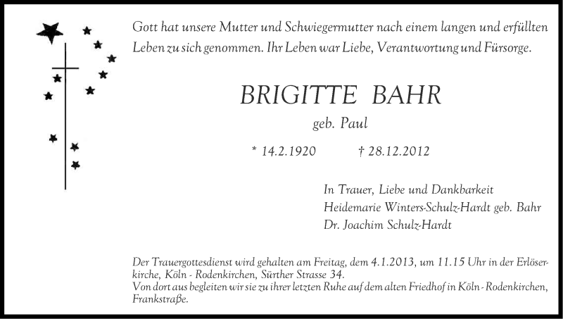  Traueranzeige für Brigitte Bahr vom 02.01.2013 aus Kölner Stadt-Anzeiger / Kölnische Rundschau / Express