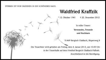 Anzeige von Waldfried Kraffzik von Kölner Stadt-Anzeiger / Kölnische Rundschau / Express