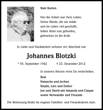 Anzeige von Johannes Blotzki von Kölner Stadt-Anzeiger / Kölnische Rundschau / Express