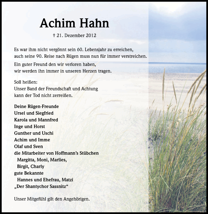  Traueranzeige für Achim Hahn vom 02.01.2013 aus Kölner Stadt-Anzeiger / Kölnische Rundschau / Express