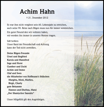Anzeige von Achim Hahn von Kölner Stadt-Anzeiger / Kölnische Rundschau / Express
